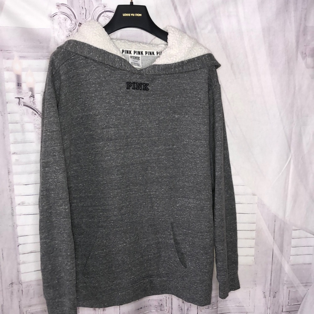 Pink - gray hoodie with camouflage pink logo. From pockets